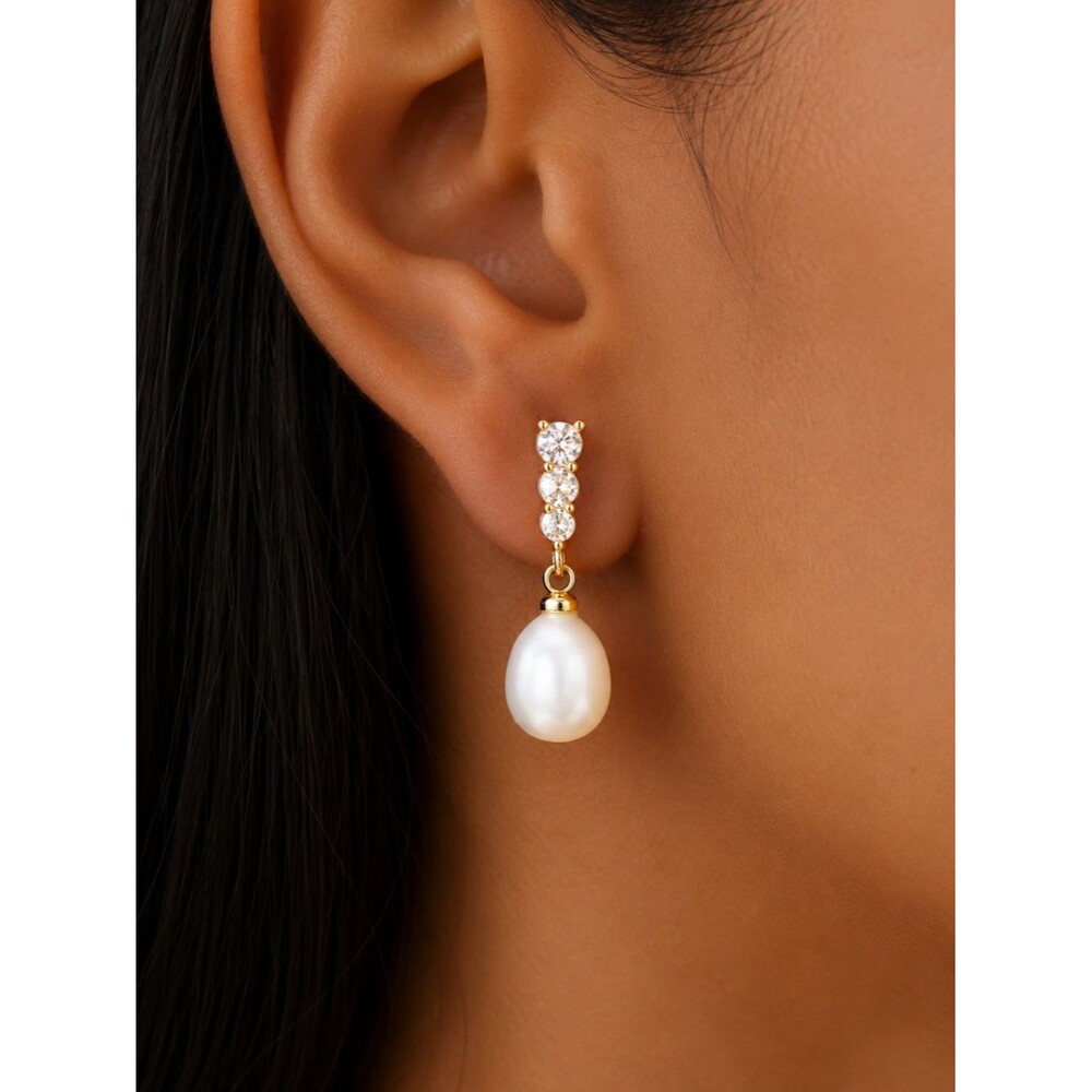 14K Gold Pearl Drop Earrings Diamond Dangle Bridal Earrings 7.5MM Freshwater Prl